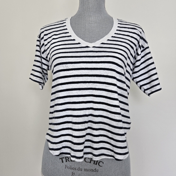 Faherty Oceanside 100% Linen V-Neck T-Shirt Blue White Stripes Nautical size XS - Picture 2 of 16